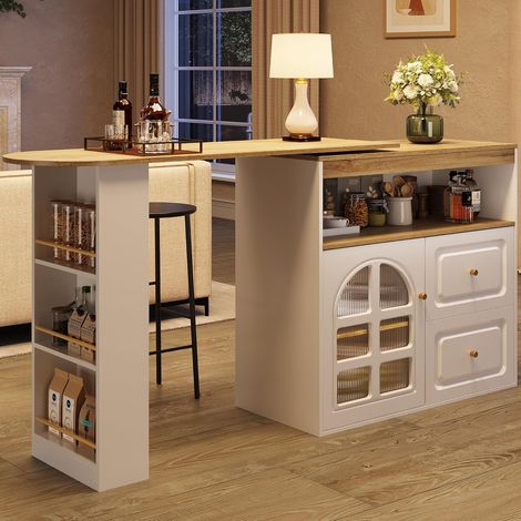 Table de bar extensible avec espace de rangement, îlot de cuisine rotatif à 360°, avec étagère à collation à 3 étages, 2 tiroirs, design porte en verre, blanche, 138-204 x 39 x 104 cm