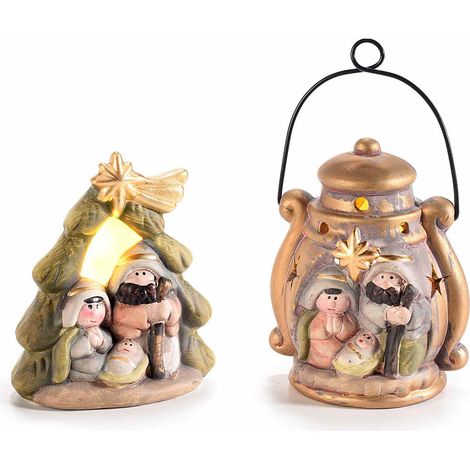 Lanterna Presepe / Sacra famiglia in terracotta colorata con dettagli dorati e luci led, set da 4 pezzi, cm 10,5 x 7 x 12 H