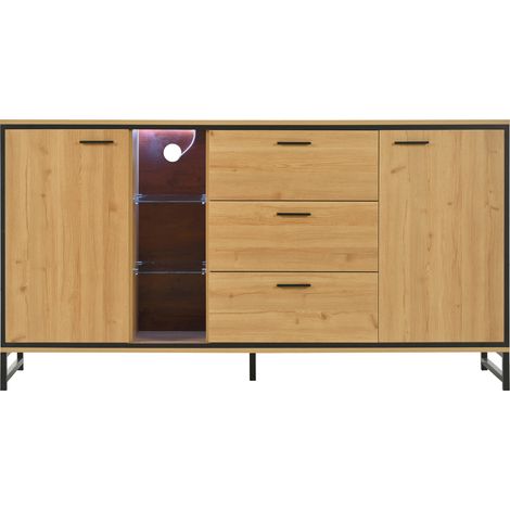 Aparador moderno de madera natural y negro con 3 cajones y huecos expositores, MODENUIT (1/5)