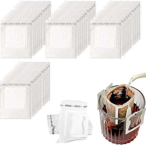 Sachets de café filtre, 200 pièces, avec poignée de suspension, filtres à café en papier compatibles avec la plupart des tasses, idéaux pour le camping, les voyages, la maison et le bureau. (1/5)