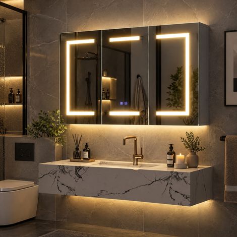 JOOKGBD–Armadio da bagno con specchio LED,sbrinatore,3 temperature di luce,dimmerabile,comando tattile,ripiani regolabili,metallo,100x60cm (1/5)
