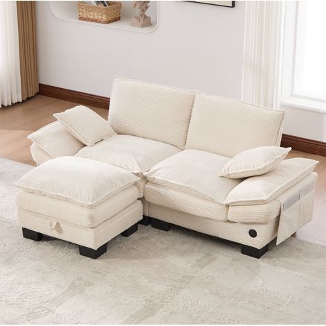 Sofá de 2 plazas 190x132x84 cm en pana beige con puff y almacenamiento integrado – MEUBLIV (1/5)