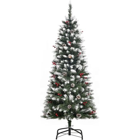 HOMCOM Albero di Natale Innevato Altezza 150cm con Pigne Bianche e Bacche Rosse (1/5)