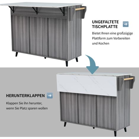 Table roulante buffet 129x46(71)x91.5(95)cm, plan marbre blanc, meuble bois gris kaki, plateau extensible, rangement porte, roulettes, pieds bois massif réversibles, idéal salon (1/5)
