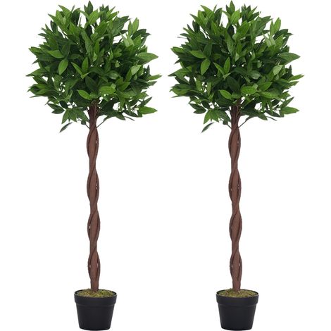 Laurier artificiel, 1,20 mètre de haut - Ensemble de deux lauriers sphériques artificiels - Chaque arbre possède 741 feuilles réalistes - Lianes et tronc - Comprend un pot de fleurs noir et vert. (1/5)