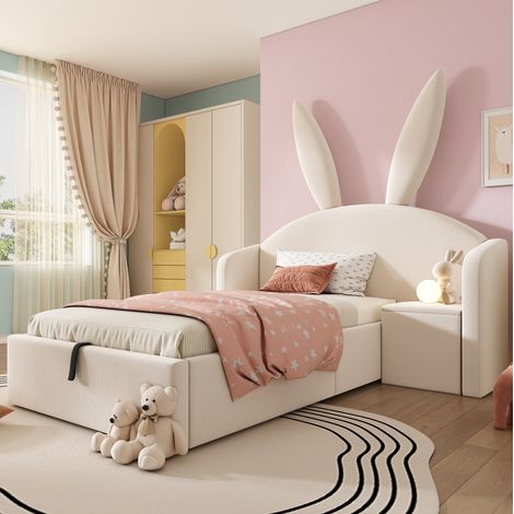 Cama juvenil 90x200 cm beige de terciopelo con almacenamiento hidráulico y mesita (1/5)