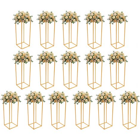 Lot de 16 présentoirs à fleurs rectangulaires en métal doré, centre de table de mariage, support de décoration au sol pour cérémonie, fête et événement, 24×24×60 cm (1/5)
