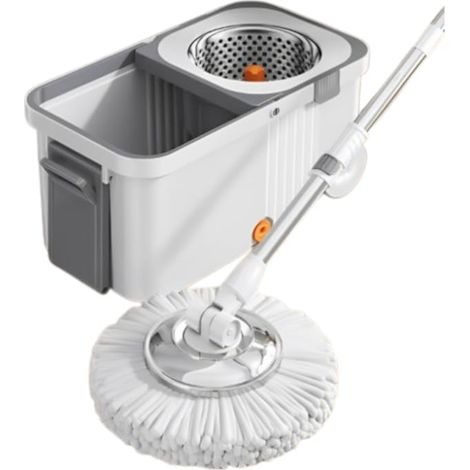 Balai à franges rotatif à 360° avec seau centrifuge en acier inoxydable à roulettes, 4 chiffons en microfibre offerts, système de vidange, blanc et gris (1/5)