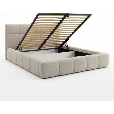 Lit coffre 140 x 200 cm en tissu capitonné bouclette beige – MIRACLE