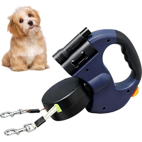 Laisse rétractable pour 2 chiens, 3 m - Double laisse pour 2 chiens avec lumière - Poignée antidérapante - Extensible - Pour chiens de petite et moyenne taille - Bleu (1/5)