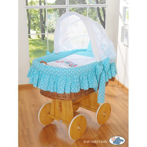 Moisés con capota - búhos naturales + ropa de cama turquesa y blanca con bordados (1/3)