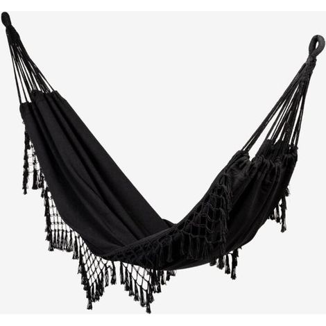 Schwarze Hängematte, Camping-Hängesessel mit Quasten, Größe200×150Zentimeter (1/4)