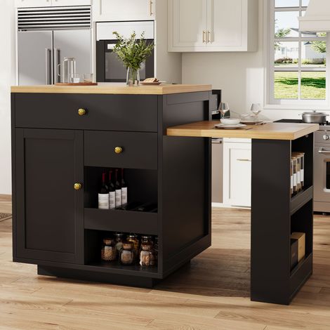 Îlot de cuisine extensible 122,5-195,5x70x93,8 cm, table de bar avec 2 tiroirs, niches, casier à bouteilles, MDF/métal, noir effet bois (1/5)