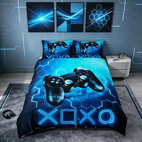 Gaming Housse de Couette Kids Gamer Bleu Jeu Vidéo Parure de Lit 140x200cm Console de Jeux Honeycomb Parure Décor de Chambre Hexagone Géométrique avec 1 Taie d'oreiller - 140 x 200 cm (1/5)