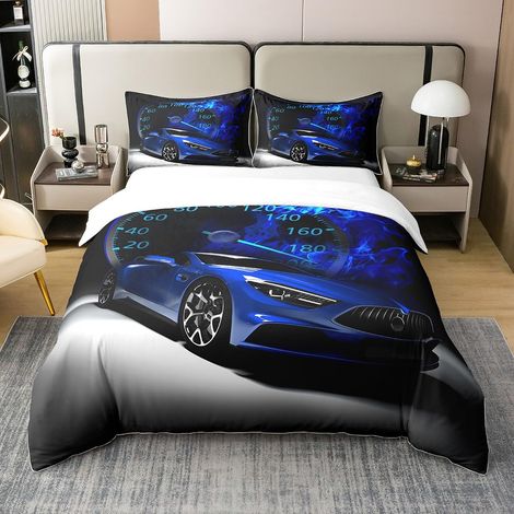 Housse de Couette 140x200 Voiture de Sport en Coton, Parure de Lit Sports Extrêmes, Ensemble de Literie Voitures de Sport de Course Bleues, pour Garçons Ados Adultes, 2 Pièces (1/5)