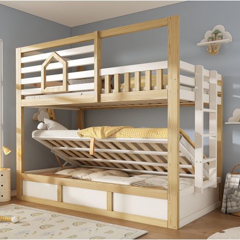 Cama litera estilo casita de madera blanco/roble 90x200 cm con ventanas, barandilla de seguridad y almacenaje hidráulico