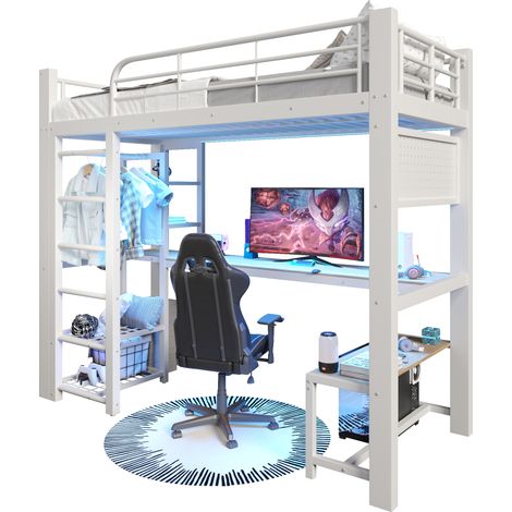 Lit mezzanine métal 90x200 cm lit enfant avec led rangement et bureau - blanc (1/5)