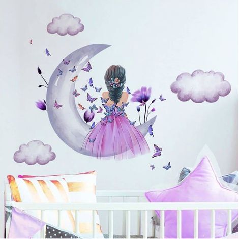 Stickers Autocollants Papillon Fille,Lune Nuages Fleur Fée Sticker Mmural, Papillons Décoration Murale pour Fille, Bébé, Chambre (1/5)