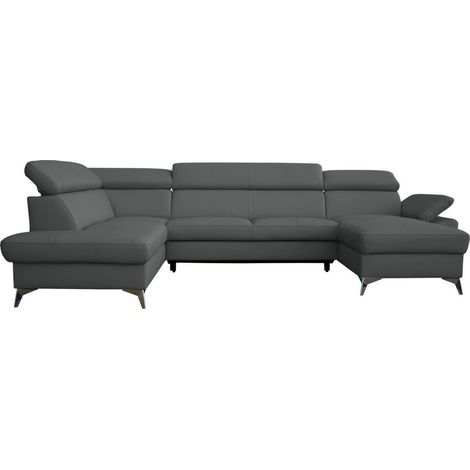Canapé d'angle convertible en cuir italien de luxe 7/8 places WARINI avec coffre, gris foncé, angle gauche (1/4)
