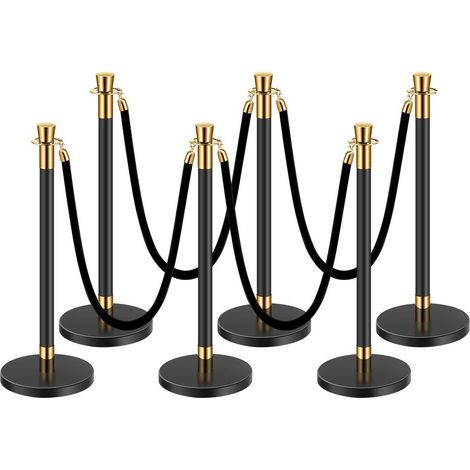Poteau de guidage, 6 pcs, barrière de balisage pour contrôle de foules, avec base creuse, 4 cordes en velours noir et poteaux noirs en acier inoxydable pour théâtre, mariage, fournitures de fête (1/5)
