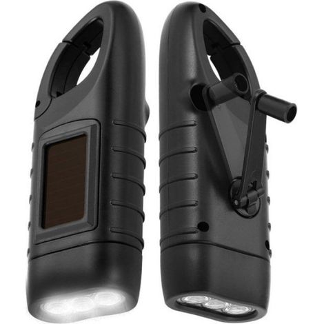 Lot de 2 lampes de poche d'urgence à manivelle, lampe de poche LED portable à manivelle, alimentée par énergie solaire,noir (1/5)