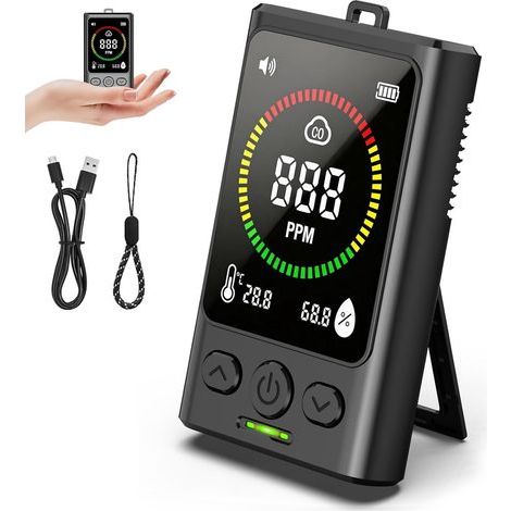 Detecteur Monoxyde Carbone 3 En 1:Detecteur Monoxyde De Carbone Alarme Sonore Et Lumineuse - CO Temperature Humidite Surveillance 2 Secondes USB Rechargeable Pour Camping Caravane Cuisine Poele A Bois (1/5)