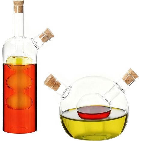 Relaxdays Essig-Öl-Flasche 2er Set, 2 in 1, Öl-Essig-Spender, 2 Größen, mit Korken, Öl-Dosierer, Glas, transparent