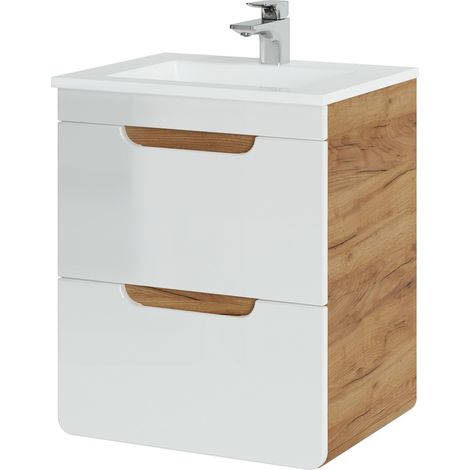 Waschtisch 52 cm mit Keramik-Waschbecken LUTON-56 Hochglanz weiß mit Wotan Eiche Nb. B/H/T ca. 52/61/40 cm (1/5)