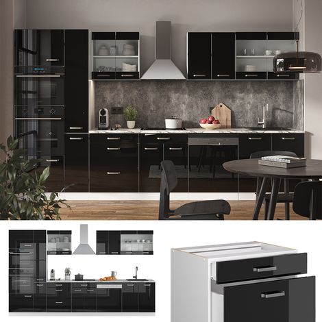 Mueble de cocina R-Line, Roble negro alto brillo/blanco, 350 cm con armario alto, ET Mármol, Vicco