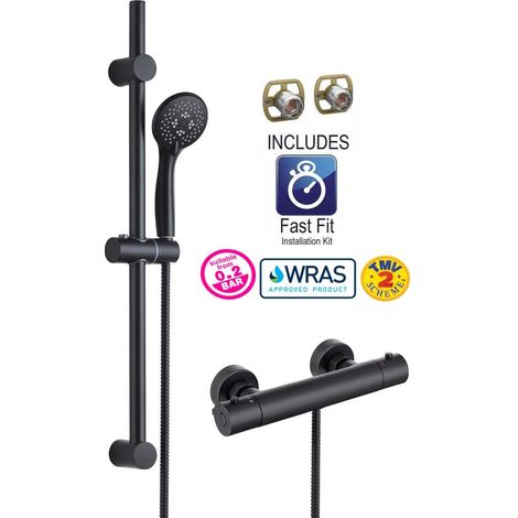 Matt Black Thermostatic Round Bar Mixer Shower Valve + Riser Kit + Fast Fit Kit (1/4)