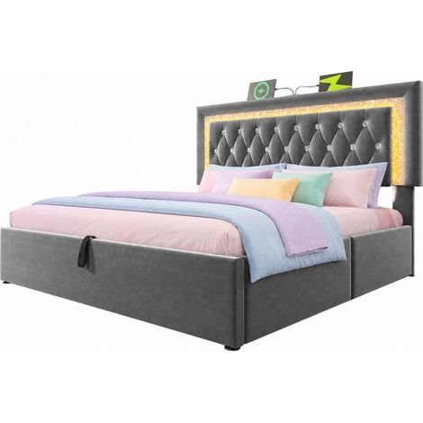 Lit capitonné 160x200 cm en velours gris avec LED, tête de lit réglable, ports USB et USB-C, coffre hydraulique et cadre métal, sans matelas  CHICFURN (1/5)