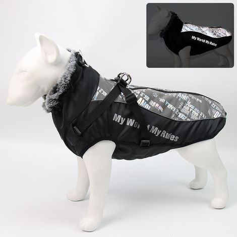 Sollbry Chaqueta de invierno reflectante, impermeable y resistente al viento para perros con arnés con cremallera y cuello de piel para senderismo y acampada. Abrigo de forro polar para perros mediano (1/3)