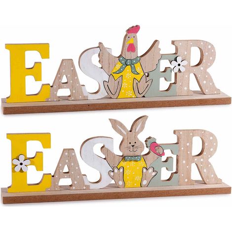 Scritte pasquali decorative Easter in legno colorato con personaggio pasquale, set da 12 pezzi, cm 30 x 4,5 x 10,5 H