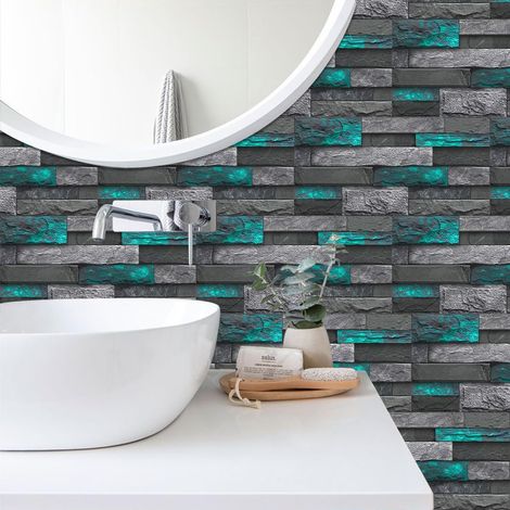 Juego de 12 adhesivos de pared autoadhesivos, 30 x 15 cm, para salpicaderos de cocina y baño, con efecto ladrillo y piedra verde. (1/5)