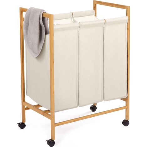 Idmarket – Panier à linge 3 compartiments en bambou naturel – Sacs amovibles en tissu écru – 4 roulettes pour un transport facile – Dimensions 62x40x83cm (1/5)