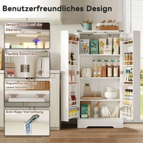 Meuble de rangement campagnard 128,5 cm avec éclairage LED, armoire 2 portes et étagères ajustables, idéal petit espace salon ou salle à manger, finition blanche texturée profonde (1/5)
