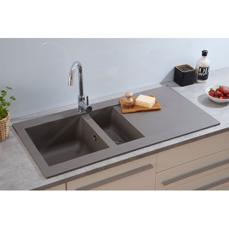 Respekta – Évier à encastrer 1,5 bac en granit minéralité 100x50 cm – Couleur gris béton – Haute résistance aux chocs et produits chimiques