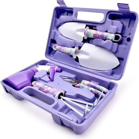 Ensemble de 5 outils de jardinage, transplanteurs, ciseaux, herse, pulvérisateur, boîte de transport, pour intérieur et extérieur (1/5)