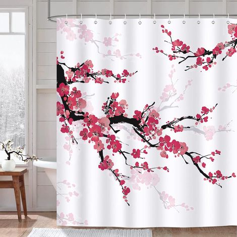 Rideau de Douche Fleur de Cerisier Rouge Rideau de Bain Tissu Polyester Anti Moisissure Imperméable Lavable Rideaux Salle de Bain 180 x 180 cm avec 12 Crochets pour Baignoire (1/5)