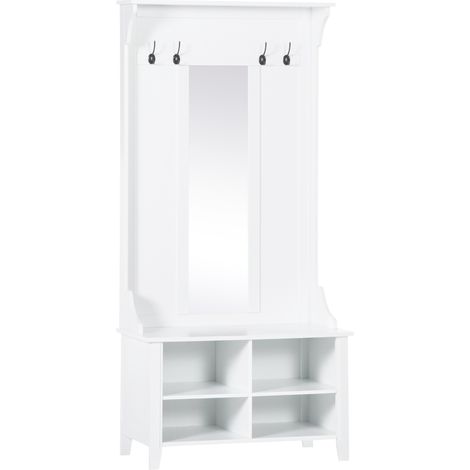 Appendiabiti Attaccapanni da Terra con Specchio Scarpiera 4 Ganci Legno 80x40x170cm Bianco