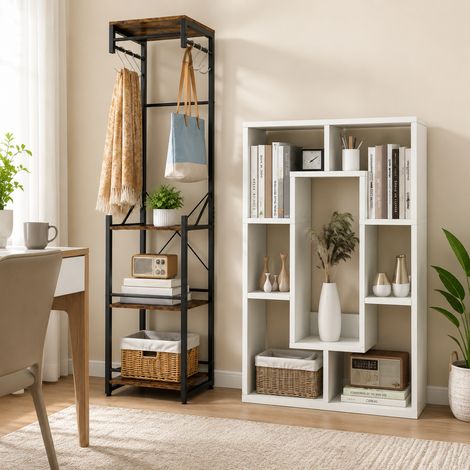 Conjunto de muebles altos de almacenamiento abiertos (2 piezas): estantería blanca de 7 estantes y perchero independiente marrón (1/5)
