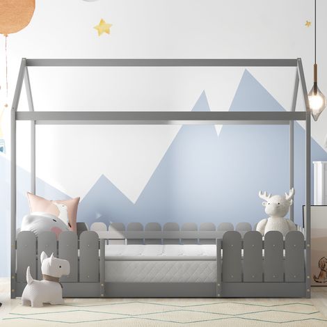 Hausbett 90x200 cm - vielseitiges Holz Kinderbett für Jungen & Mädchen - Mit Rausfallschutz und Lattenrost – Grau (Ohne Matratze) OKWISH (1/5)