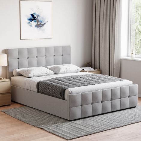 Valentina 5ft King Size Modern Fabric Ottoman Bed Frame, 150 x 200 cm, Light-Grey-Linen