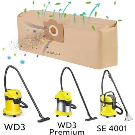 5 sacs pour aspirateur Kärcher, sacs droits pour aspirateur Kärcher WD3/MV3/WD 3 Premium, sacs filtrants en papier de rechange 6.959-130.0 A2201/2204/2504/2554/2251/2604, SE 4001 4002 (1/3)