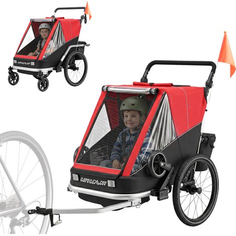 Remorque vélo enfant 2 places, pliable 2 en 1, rouge, avec sièges et sangles réglables (1/5)