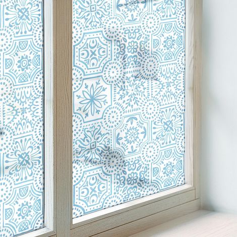 Sichtschutzfolie 200x116 cm Sichtschutz Fenster Selbstklebend PVC Milchglas Dekorativ Dekorfolie Blickdicht Folie für Schlafzimmer Blaue Fliesen