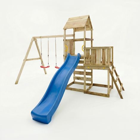 Gioco da giardino in legno Maxplay 3.2 con Scivolo blu, torre, parete di arrampicata e doppia altalena (1/5)