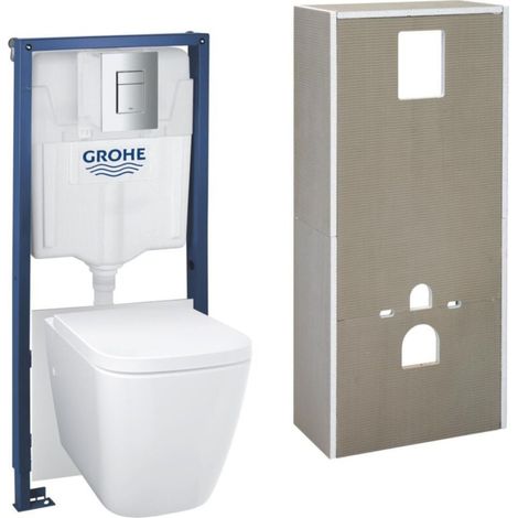 Solido WC-Pack Wand-WC + spülrandlose Keramikschüssel + Chrom-Betätigungsplatte, Isolierung und Verkleidung zum Befliesen (G3653