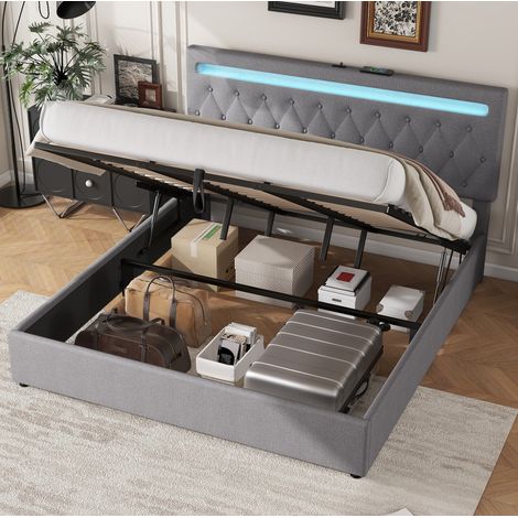 Cama tapizada 180x200 con almacenamiento LED USB gris OKMYHOME (1/5)