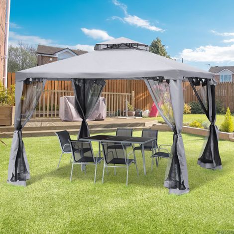 Tonnelle de jardin pavillon de jardin 3 x 3 m double toit avec moustiquaires amovibles gris clair
